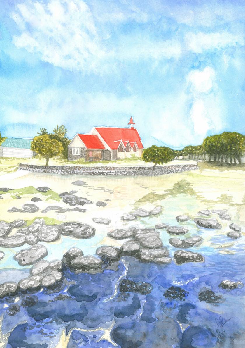 Watercolour painting of the Red Church in Cap Malheureux, Mauritius